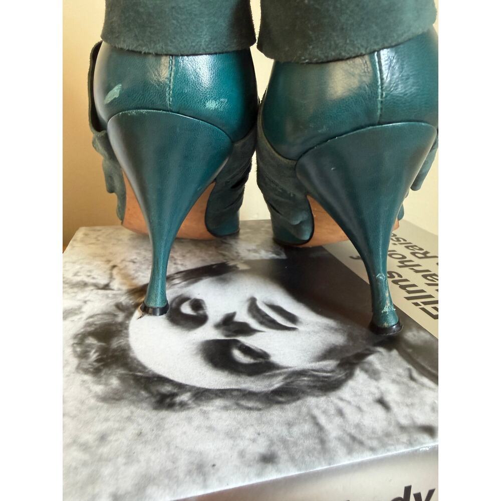 Vintage Christian Dior Galliano Era Teal Leather & Suede Cutout Ankle Boots - Picture 5 of 8